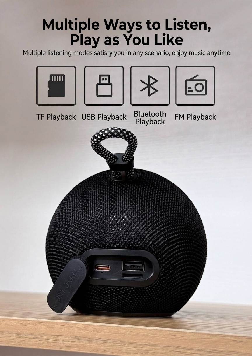 SOM-Max Portable Bluetooth Speaker 6.5W, Vibrant RGB Light, TWS Pairing, 5H Playtime, 15m Range, FM Radio, USB TF Card, Outdoor Speaker with Strap