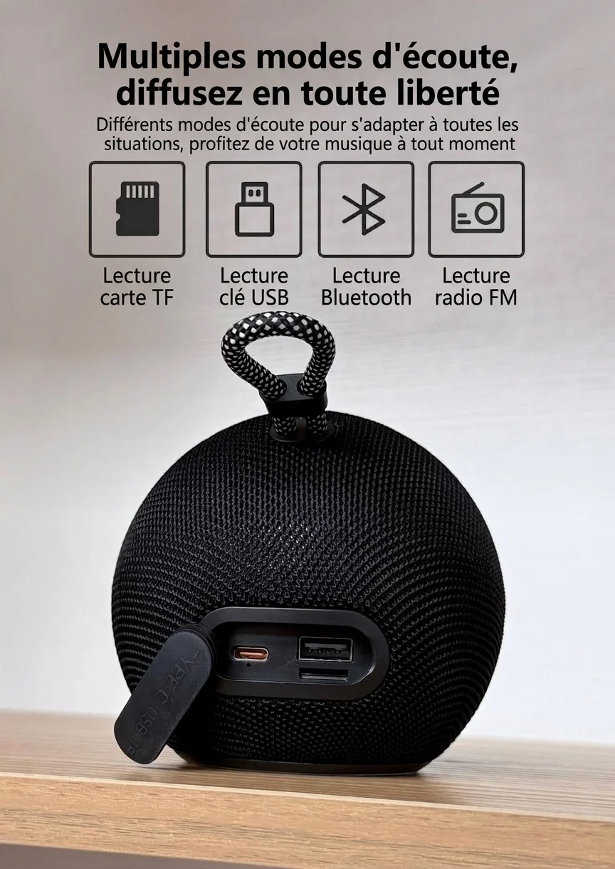 SOM-Max Portable Bluetooth Speaker 6.5W, Vibrant RGB Light, TWS Pairing, 5H Playtime, 15m Range, FM Radio, USB TF Card, Outdoor Speaker with Strap
