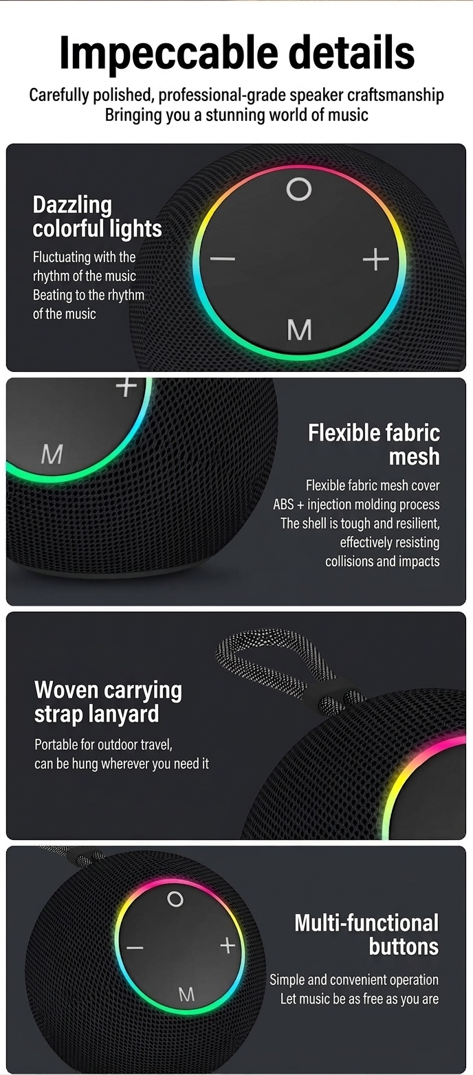 SOM-Max Portable Bluetooth Speaker 6.5W, Vibrant RGB Light, TWS Pairing, 5H Playtime, 15m Range, FM Radio, USB TF Card, Outdoor Speaker with Strap