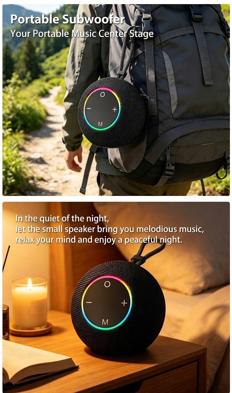 SOM-Max Portable Bluetooth Speaker 6.5W, Vibrant RGB Light, TWS Pairing, 5H Playtime, 15m Range, FM Radio, USB TF Card, Outdoor Speaker with Strap