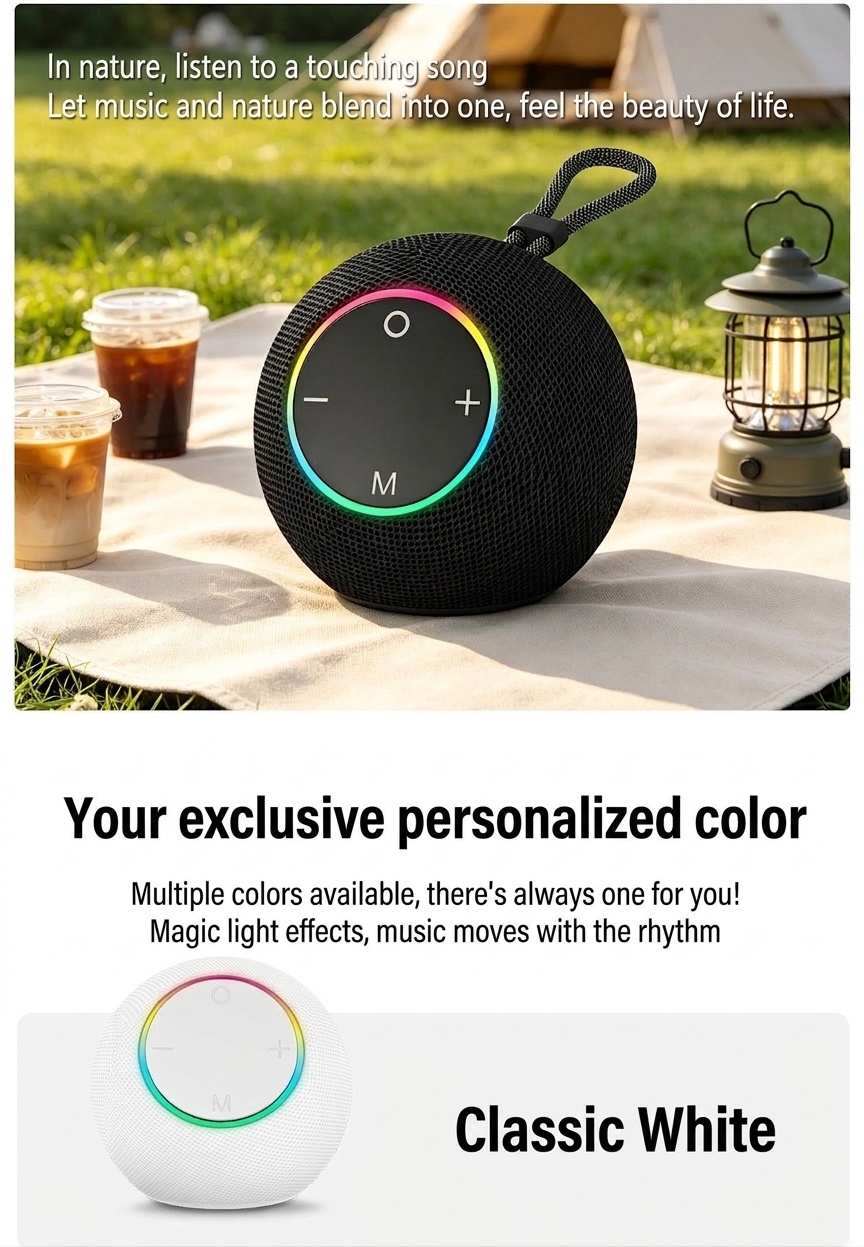 SOM-Max Portable Bluetooth Speaker 6.5W, Vibrant RGB Light, TWS Pairing, 5H Playtime, 15m Range, FM Radio, USB TF Card, Outdoor Speaker with Strap