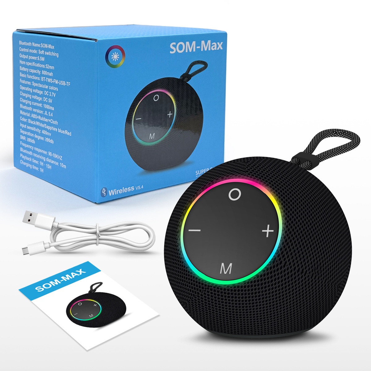 SOM-Max Portable Bluetooth Speaker 6.5W, Vibrant RGB Light, TWS Pairing, 5H Playtime, 15m Range, FM Radio, USB TF Card, Outdoor Speaker with Strap