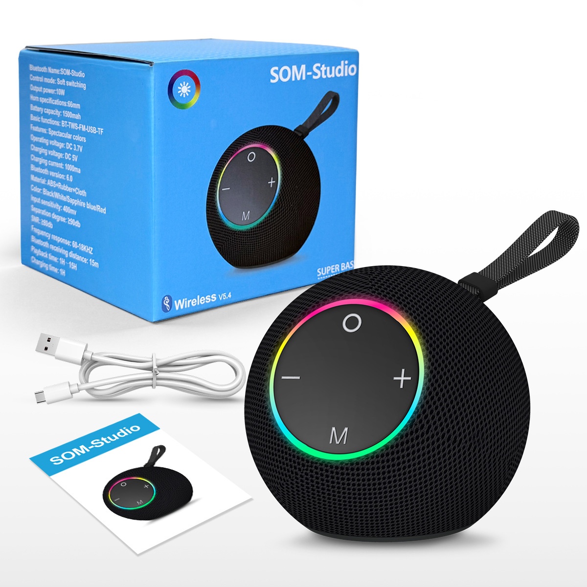 SOM-Max Portable Bluetooth Speaker 6.5W, Vibrant RGB Light, TWS Pairing, 5H Playtime, 15m Range, FM Radio, USB TF Card, Outdoor Speaker with Strap