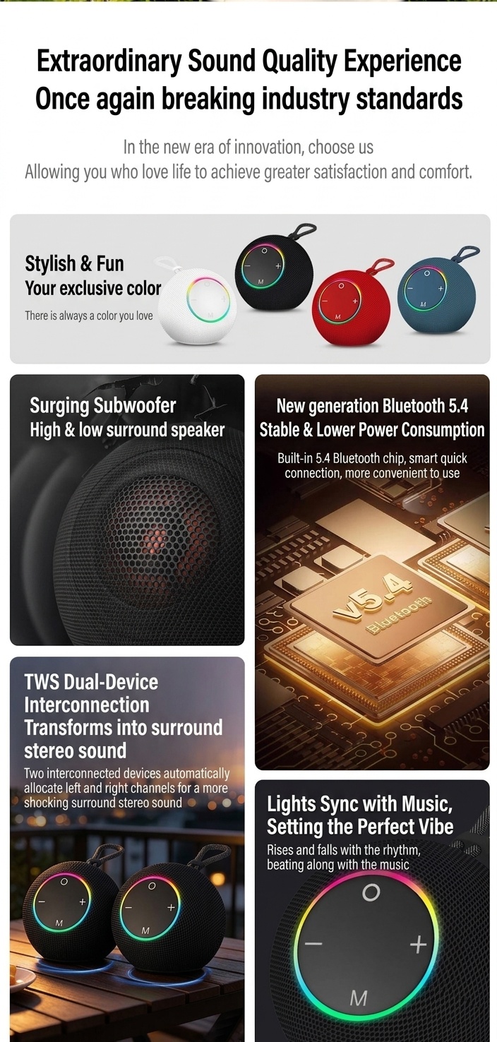 SOM-Max Portable Bluetooth Speaker 6.5W, Vibrant RGB Light, TWS Pairing, 5H Playtime, 15m Range, FM Radio, USB TF Card, Outdoor Speaker with Strap