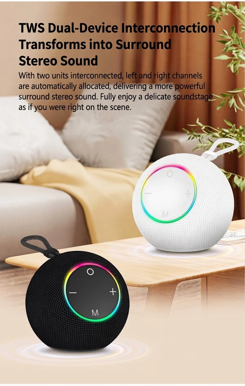 SOM-Max Portable Bluetooth Speaker 6.5W, Vibrant RGB Light, TWS Pairing, 5H Playtime, 15m Range, FM Radio, USB TF Card, Outdoor Speaker with Strap