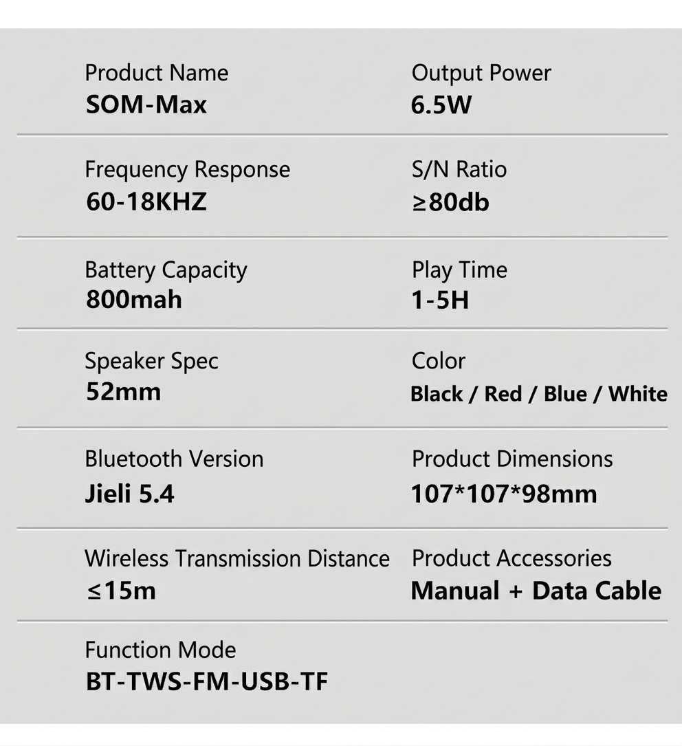 SOM-Max Portable Bluetooth Speaker 6.5W, Vibrant RGB Light, TWS Pairing, 5H Playtime, 15m Range, FM Radio, USB TF Card, Outdoor Speaker with Strap