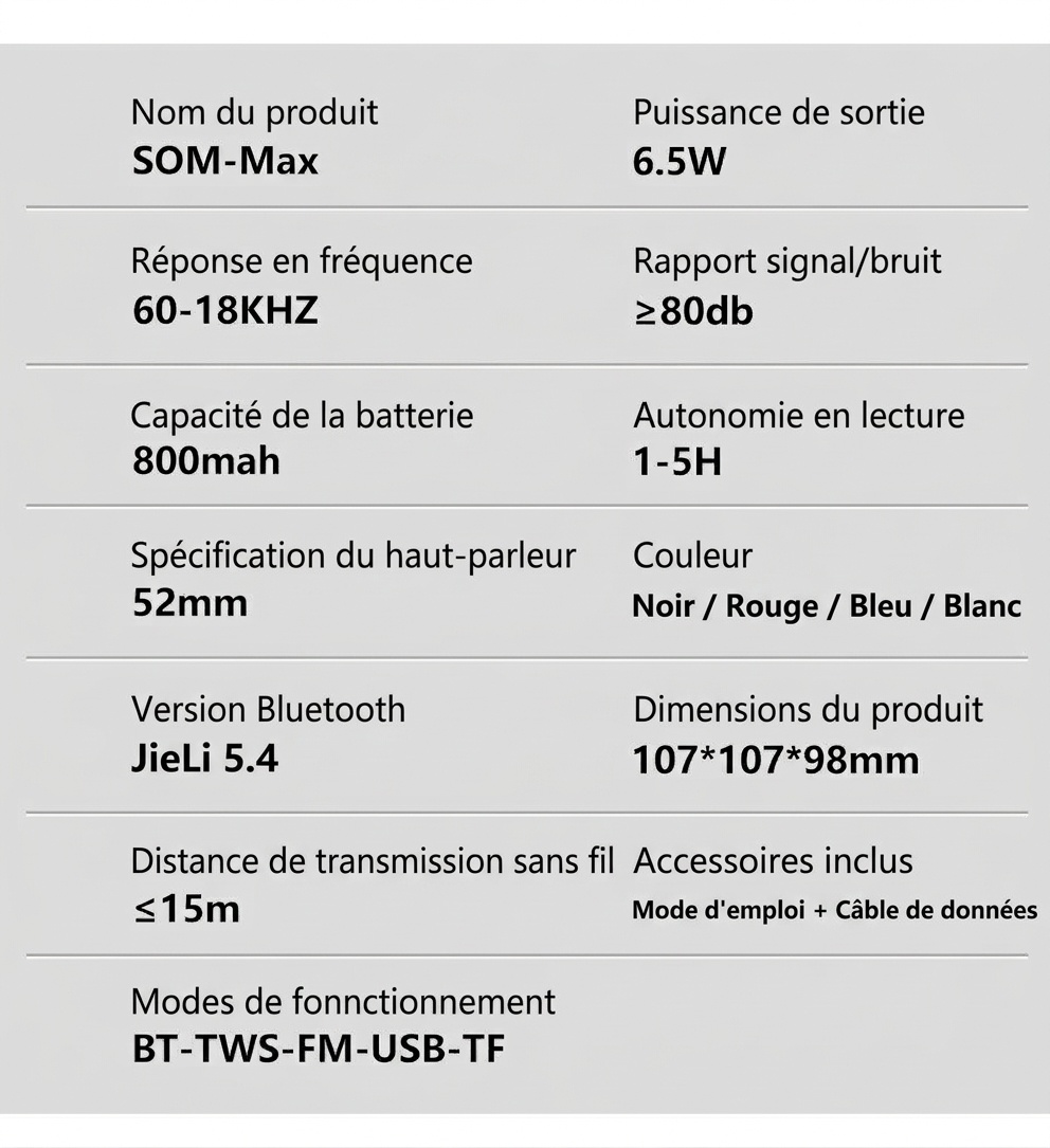 SOM-Max Portable Bluetooth Speaker 6.5W, Vibrant RGB Light, TWS Pairing, 5H Playtime, 15m Range, FM Radio, USB TF Card, Outdoor Speaker with Strap