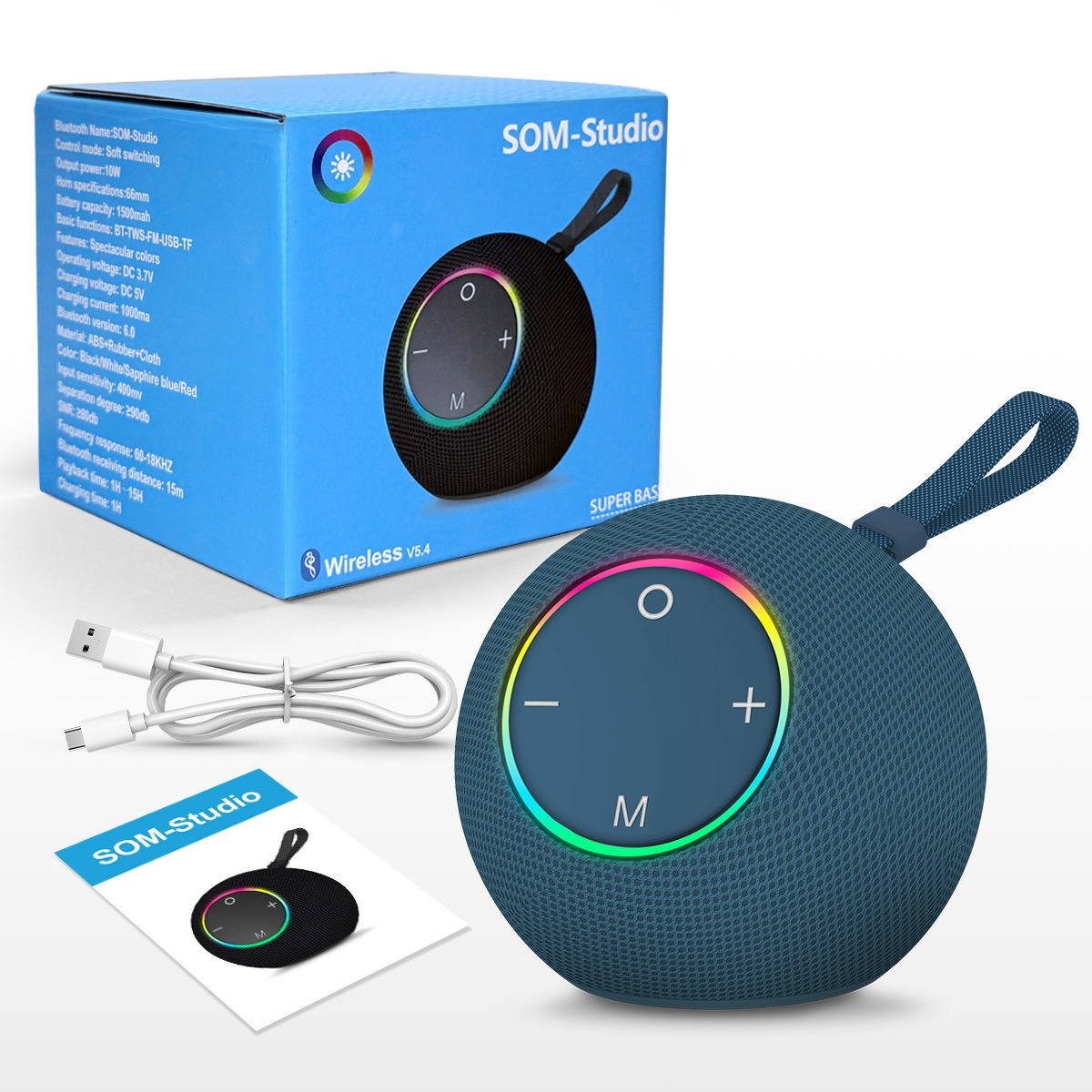SOM-Max Portable Bluetooth Speaker 6.5W, Vibrant RGB Light, TWS Pairing, 5H Playtime, 15m Range, FM Radio, USB TF Card, Outdoor Speaker with Strap
