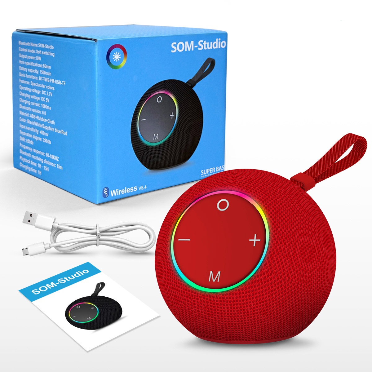SOM-Max Portable Bluetooth Speaker 6.5W, Vibrant RGB Light, TWS Pairing, 5H Playtime, 15m Range, FM Radio, USB TF Card, Outdoor Speaker with Strap