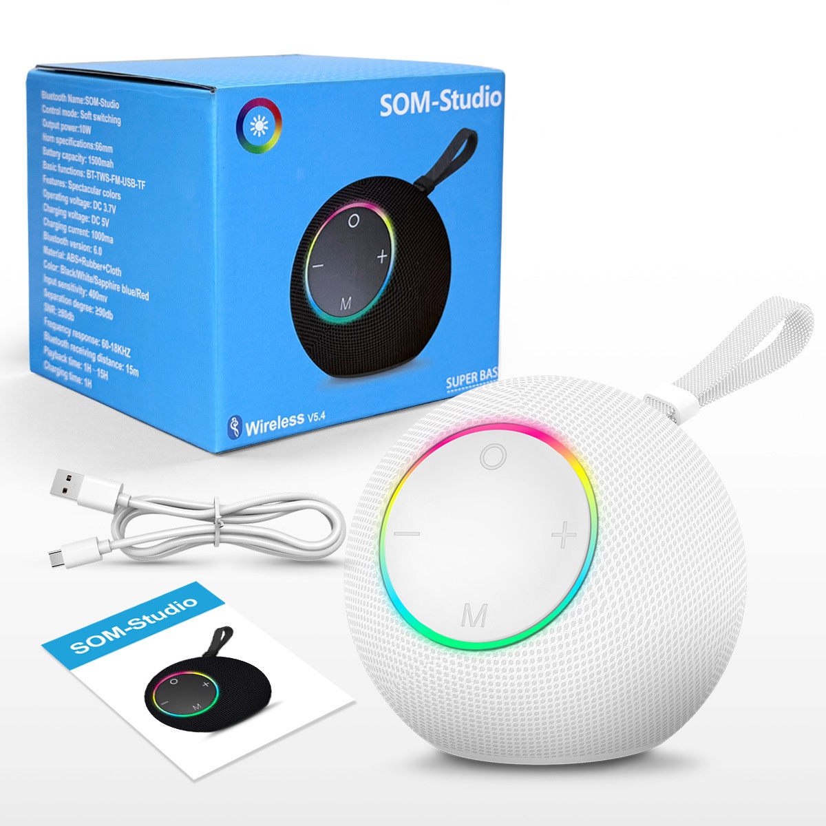 SOM-Max Portable Bluetooth Speaker 6.5W, Vibrant RGB Light, TWS Pairing, 5H Playtime, 15m Range, FM Radio, USB TF Card, Outdoor Speaker with Strap