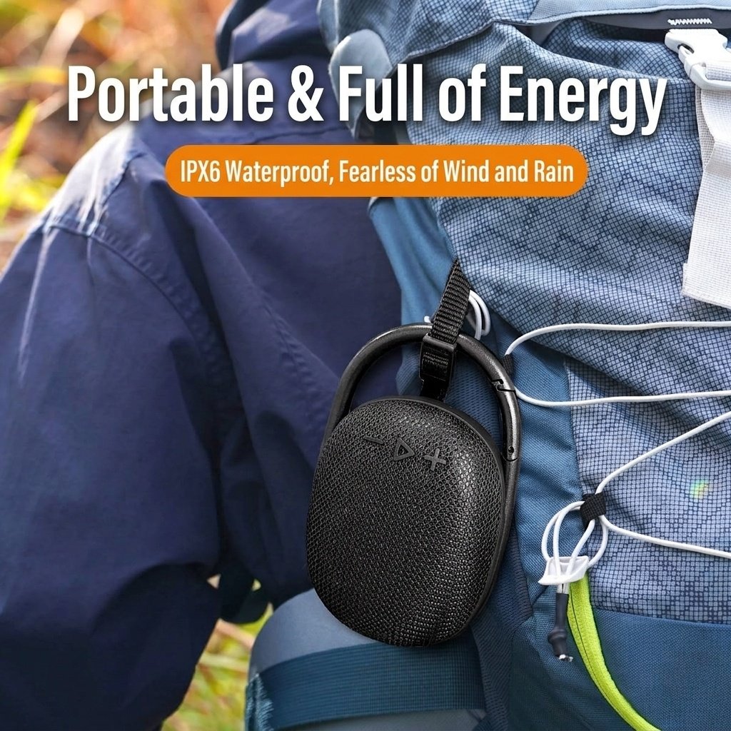 Portable Bluetooth Speaker with Carabiner Clip, 10W HiFi Deep Bass, IPX6 Waterproof, 15-Hour Playtime, 30ft Range, Rugged Outdoor Clip-on Speaker