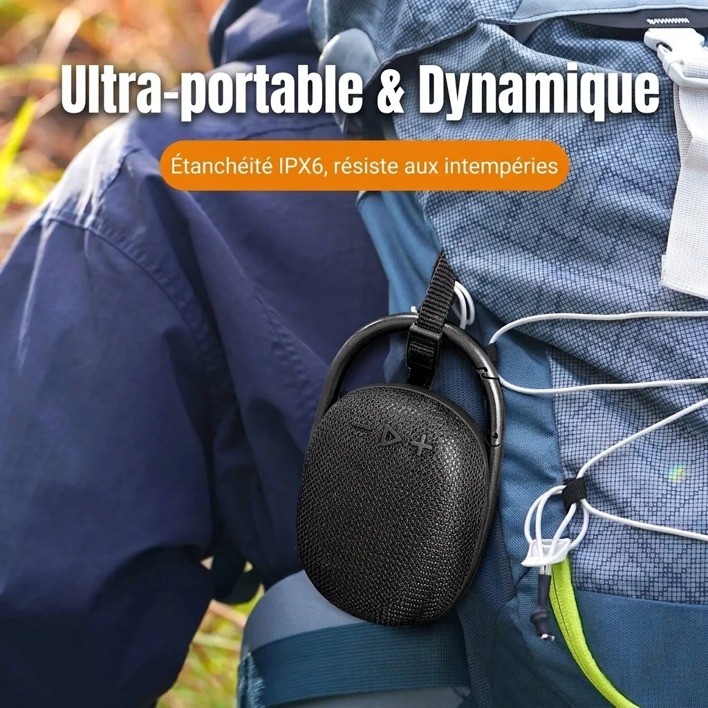 Portable Bluetooth Speaker with Carabiner Clip, 10W HiFi Deep Bass, IPX6 Waterproof, 15-Hour Playtime, 30ft Range, Rugged Outdoor Clip-on Speaker