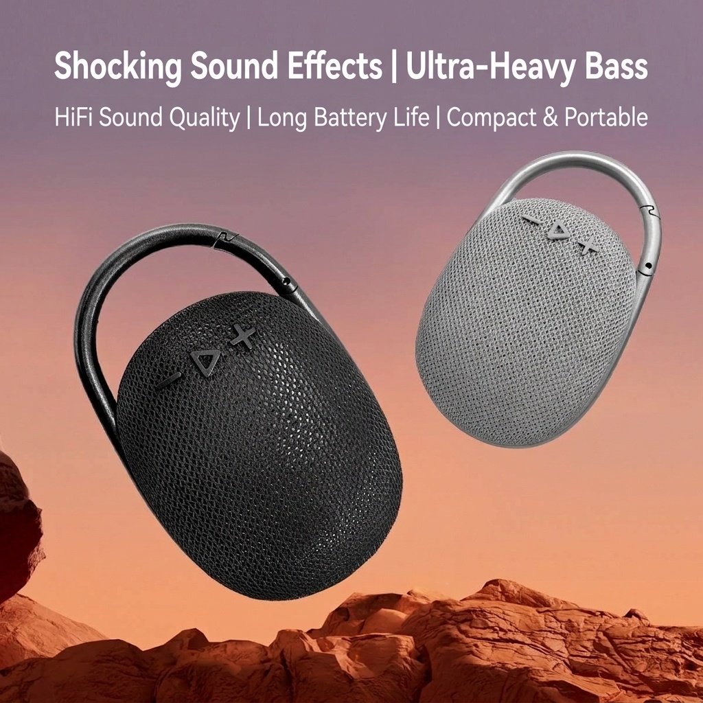 Portable Bluetooth Speaker with Carabiner Clip, 10W HiFi Deep Bass, IPX6 Waterproof, 15-Hour Playtime, 30ft Range, Rugged Outdoor Clip-on Speaker