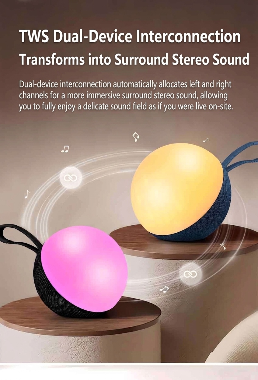 Portable Bluetooth 5.3 Speaker 10W, RGB Ambiance Night Light, TWS Stereo Sound, 5H Playtime, 10m Range, Compact Wireless Outdoor Speaker with Strap