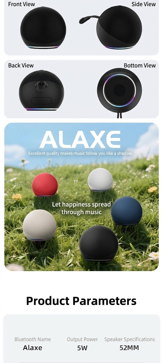 Alaxe Portable Bluetooth Speaker 5W, Clear Audio with Dynamic RGB Lights, 5H Playtime, 15M Wireless Range, Compact Mini Travel Speaker with Strap