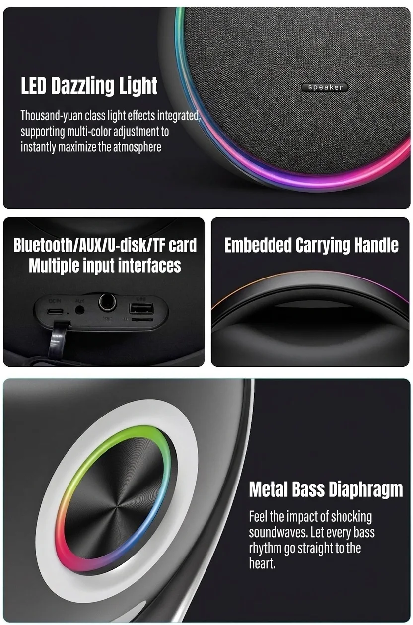 Studio 9 Pro RGB Portable Bluetooth Speaker, 80W Loud Stereo Sound, 8000mAh Battery, 5H Playtime, 15m Range, Wireless Outdoor Boombox with Strap