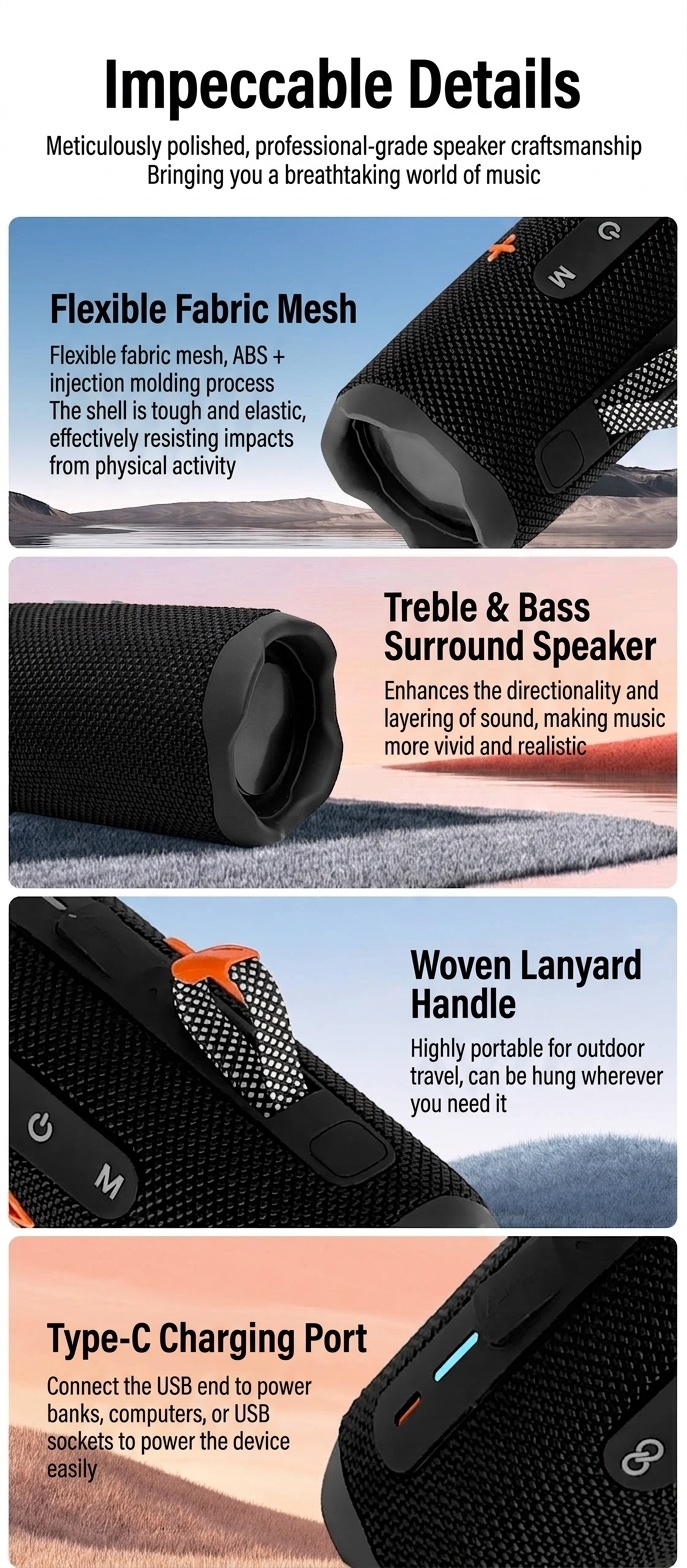 Portable Bluetooth 5.3 Speaker 10W, Deep Bass Audio, Waterproof & Dustproof Design, 5-Hour Playtime, Outdoor Rugged Wireless Speaker with Carry Strap