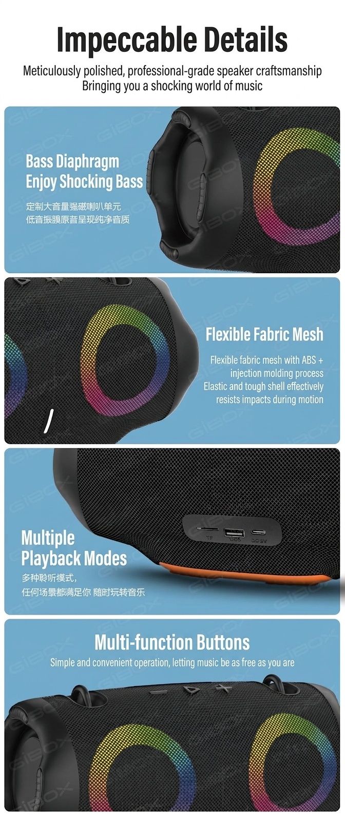 XTRMM4MINI RGB Portable Bluetooth Speaker, 16W Loud Sound, Deep Bass, IPX6 Waterproof, 5H Playtime, 15m Range, TWS Outdoor Travel Speaker with Strap