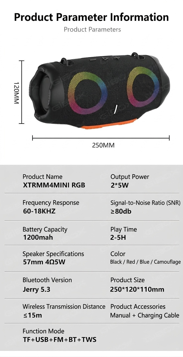 XTRMM4MINI RGB Portable Bluetooth Speaker, 16W Loud Sound, Deep Bass, IPX6 Waterproof, 5H Playtime, 15m Range, TWS Outdoor Travel Speaker with Strap