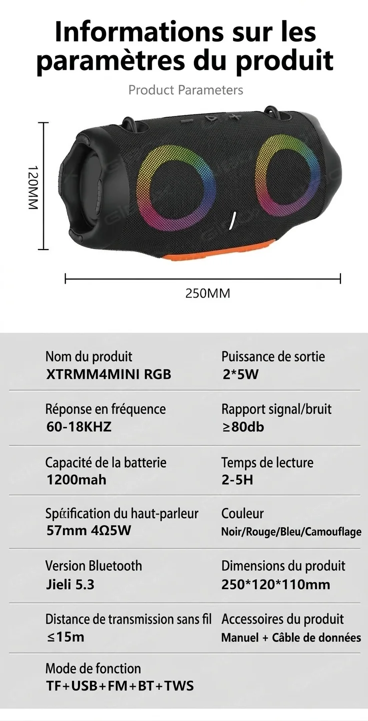 XTRMM4MINI RGB Portable Bluetooth Speaker, 16W Loud Sound, Deep Bass, IPX6 Waterproof, 5H Playtime, 15m Range, TWS Outdoor Travel Speaker with Strap