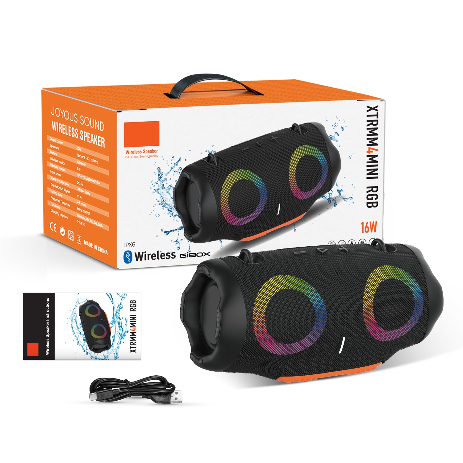 XTRMM4MINI RGB Portable Bluetooth Speaker, 16W Loud Sound, Deep Bass, IPX6 Waterproof, 5H Playtime, 15m Range, TWS Outdoor Travel Speaker with Strap