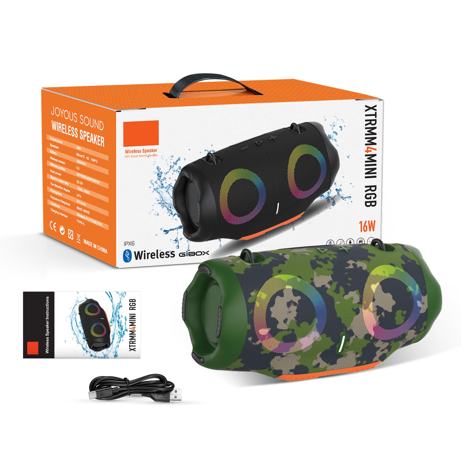 XTRMM4MINI RGB Portable Bluetooth Speaker, 16W Loud Sound, Deep Bass, IPX6 Waterproof, 5H Playtime, 15m Range, TWS Outdoor Travel Speaker with Strap