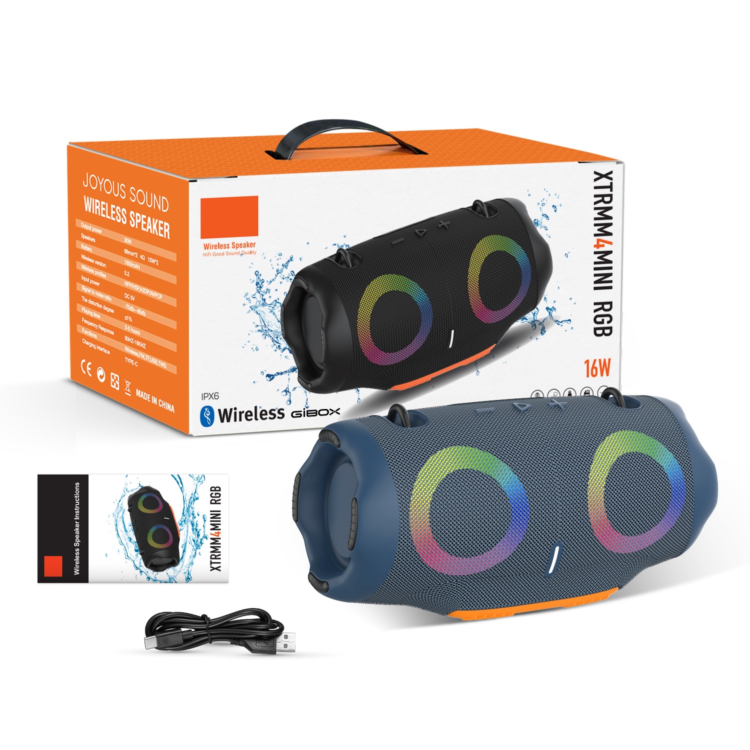 XTRMM4MINI RGB Portable Bluetooth Speaker, 16W Loud Sound, Deep Bass, IPX6 Waterproof, 5H Playtime, 15m Range, TWS Outdoor Travel Speaker with Strap