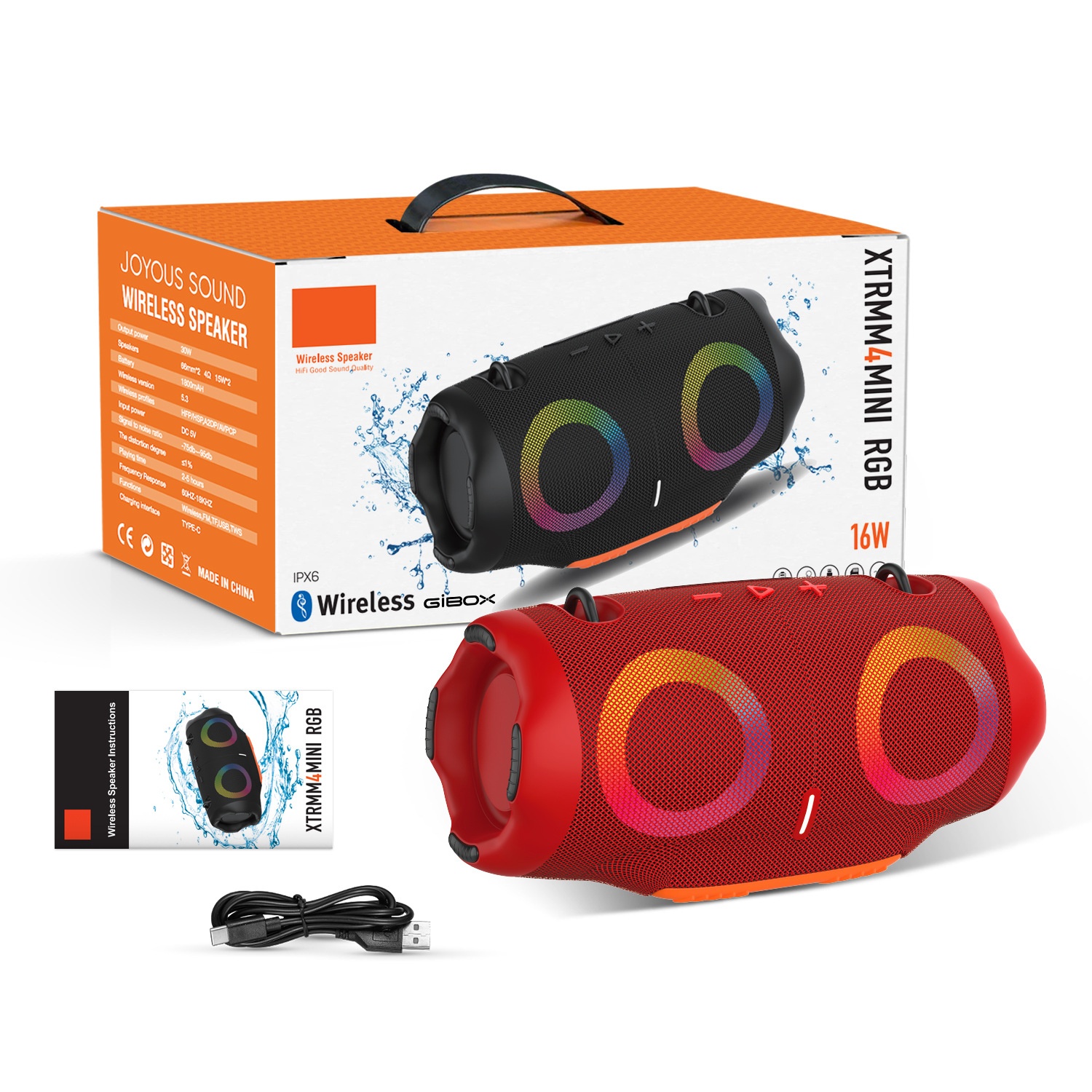 XTRMM4MINI RGB Portable Bluetooth Speaker, 16W Loud Sound, Deep Bass, IPX6 Waterproof, 5H Playtime, 15m Range, TWS Outdoor Travel Speaker with Strap