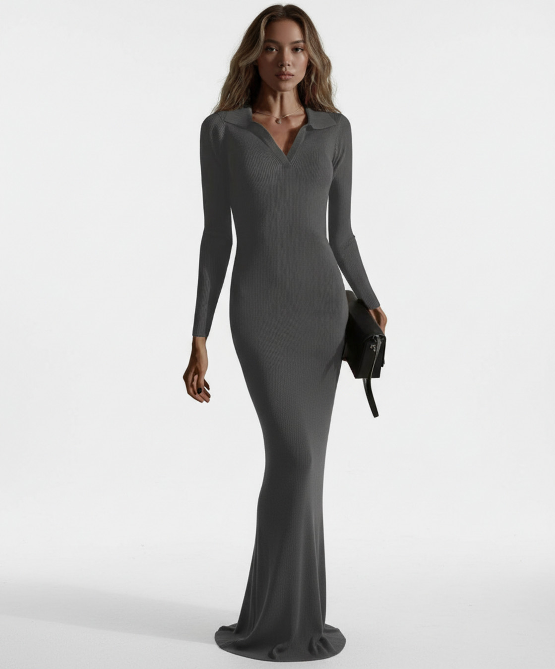 Black cotton-polyester rib cotton Work Style Dresses L SZE-00011