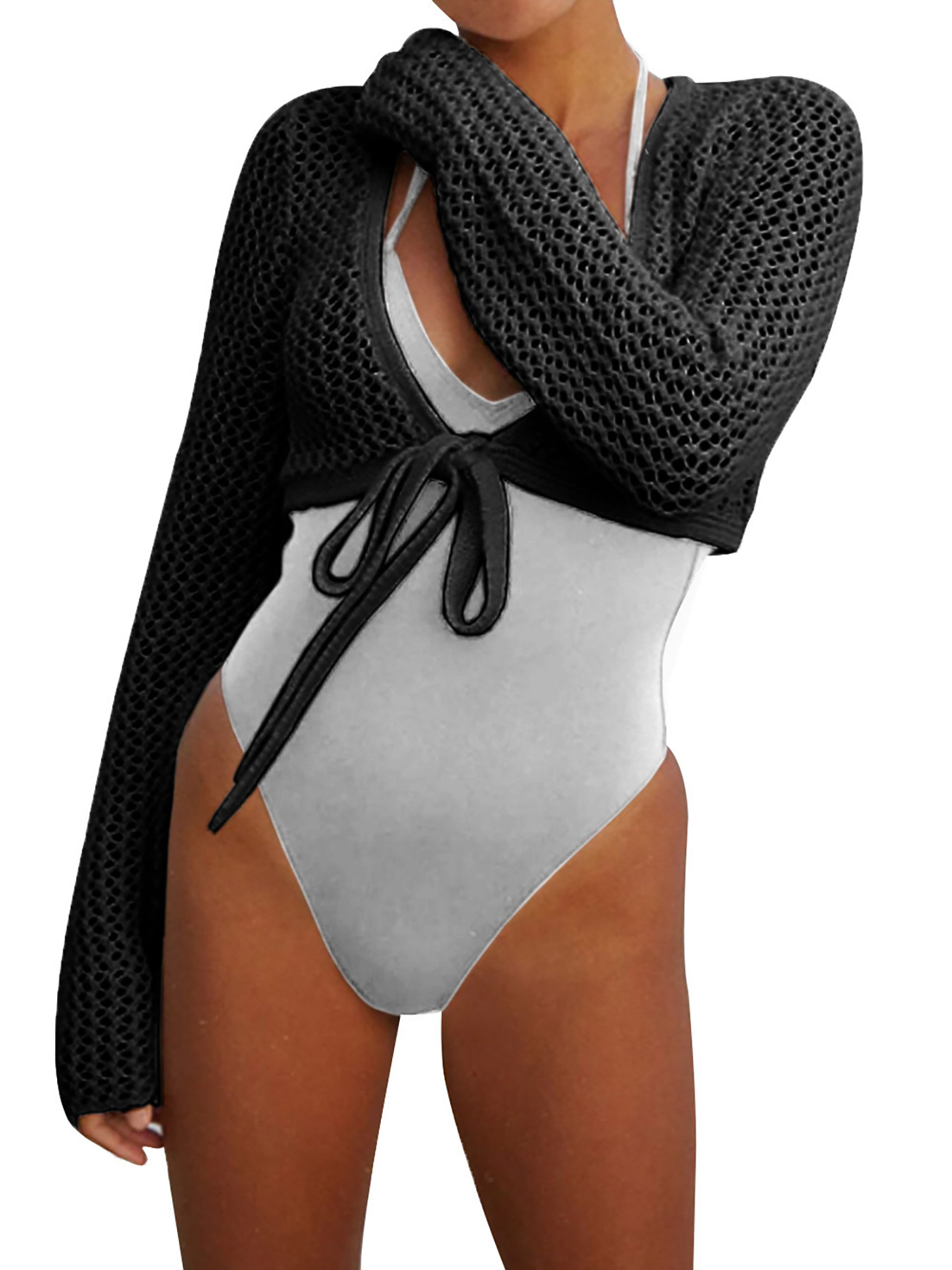 Women's Knit Beach Cover Up Long Sleeve Hollow Out