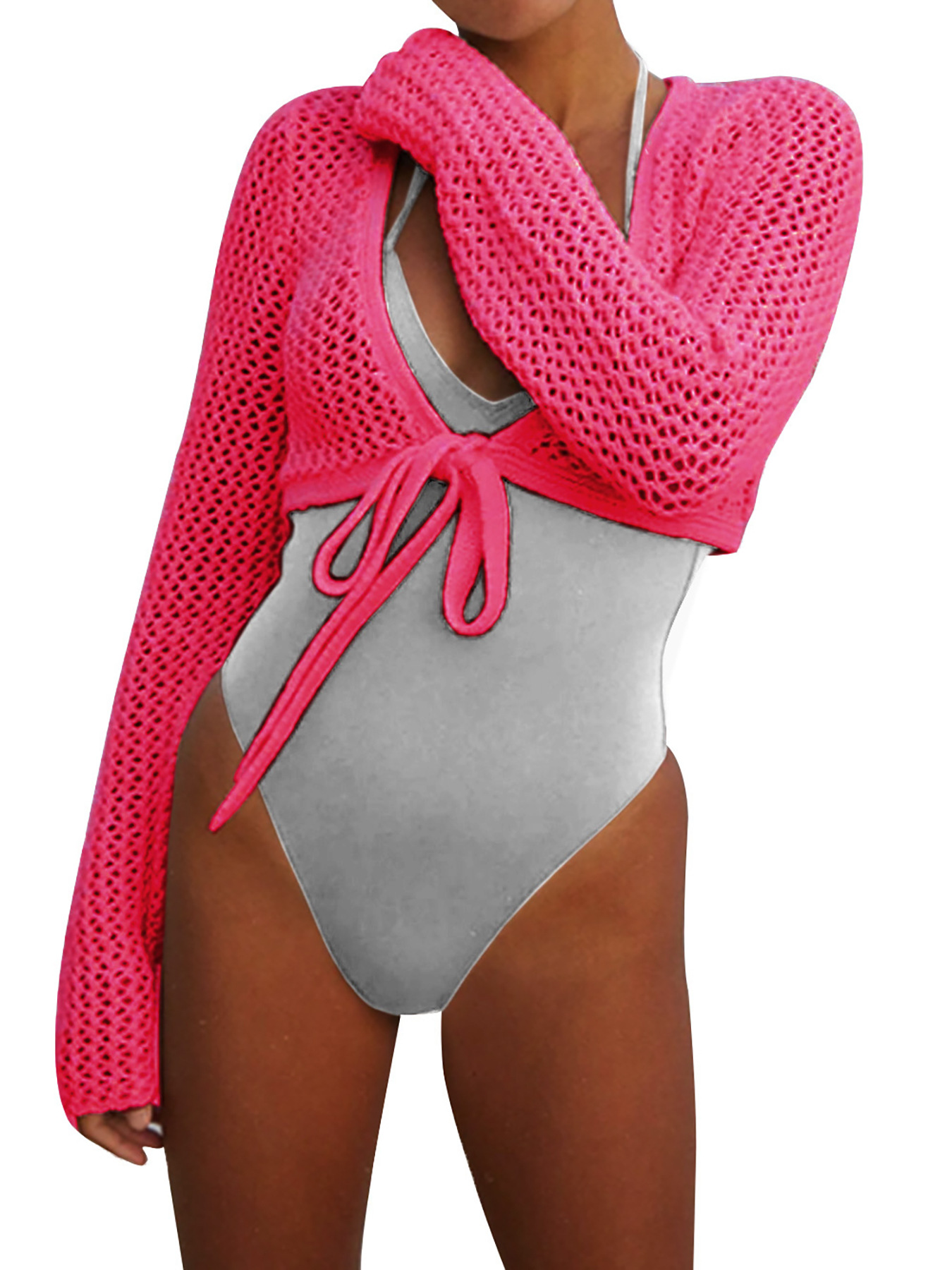 Women's Knit Beach Cover Up Long Sleeve Hollow Out