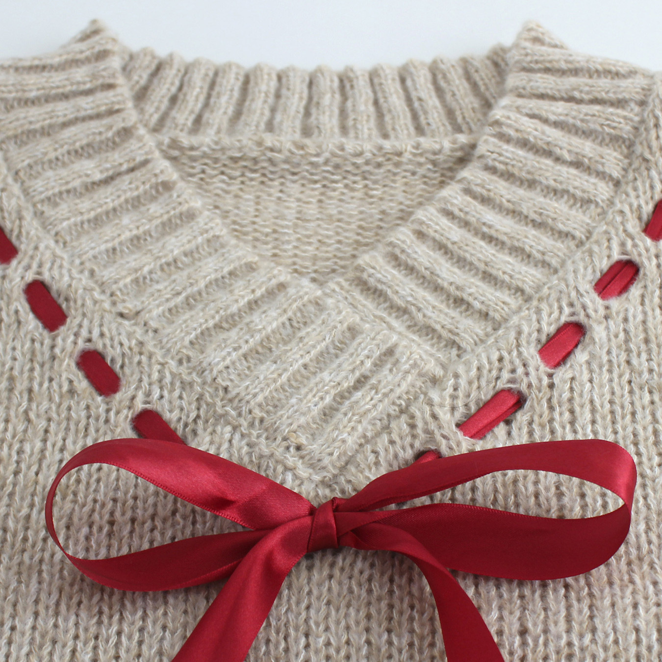 Knit V-Neck Ribbon Sweater Top - European & American Style SSU-00092