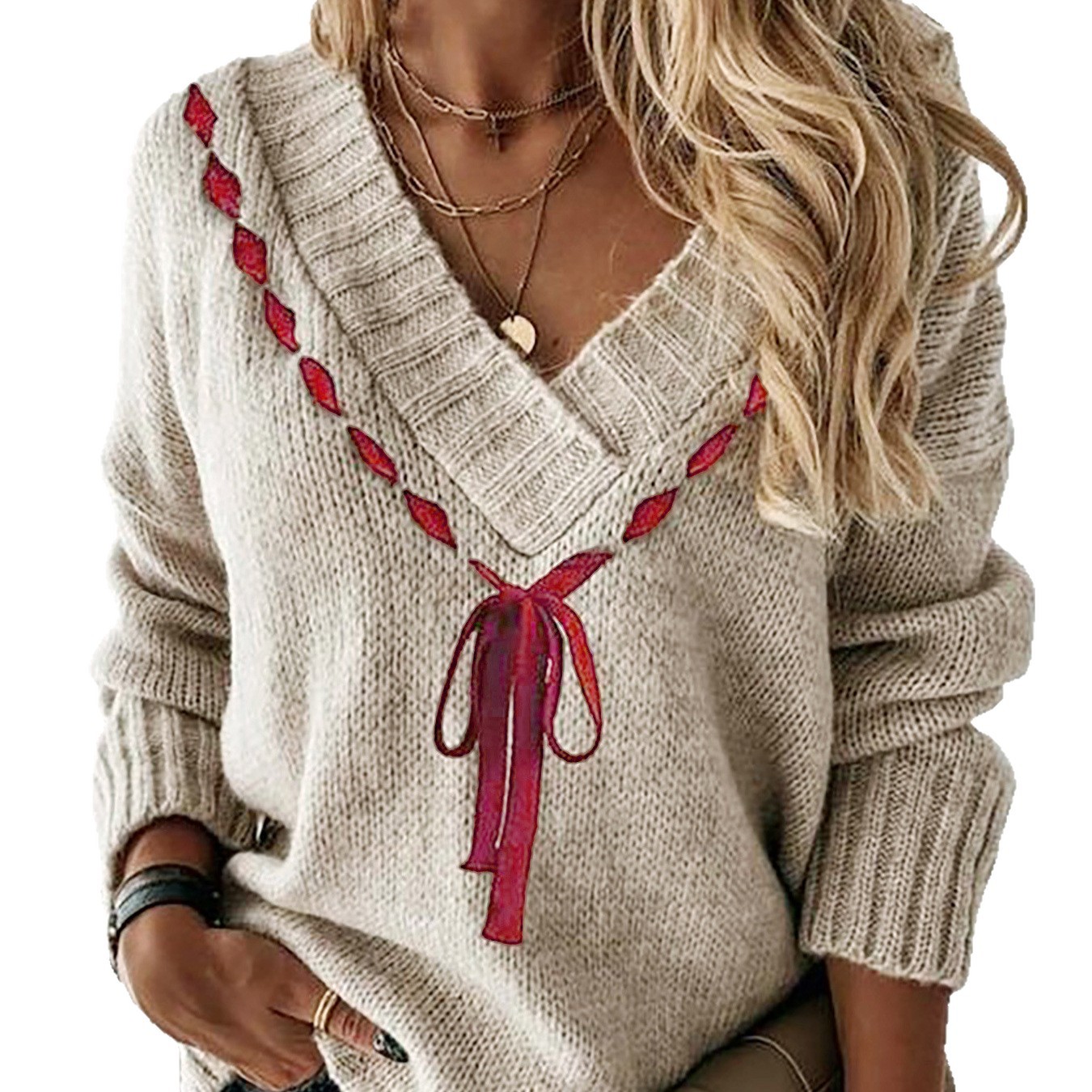 Knit V-Neck Ribbon Sweater Top - European & American Style SSU-00092