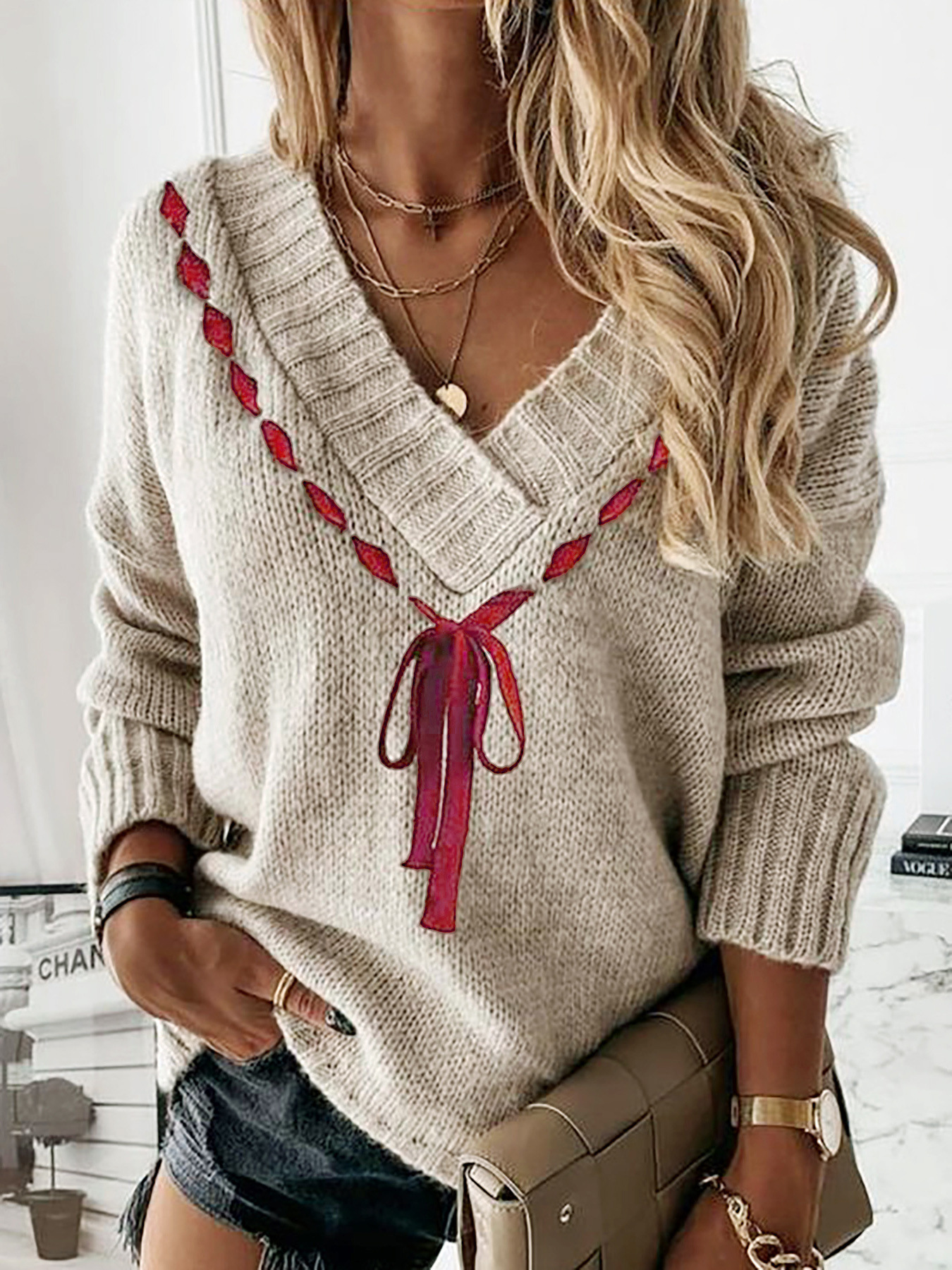 Knit V-Neck Ribbon Sweater Top - European & American Style SSU-00092