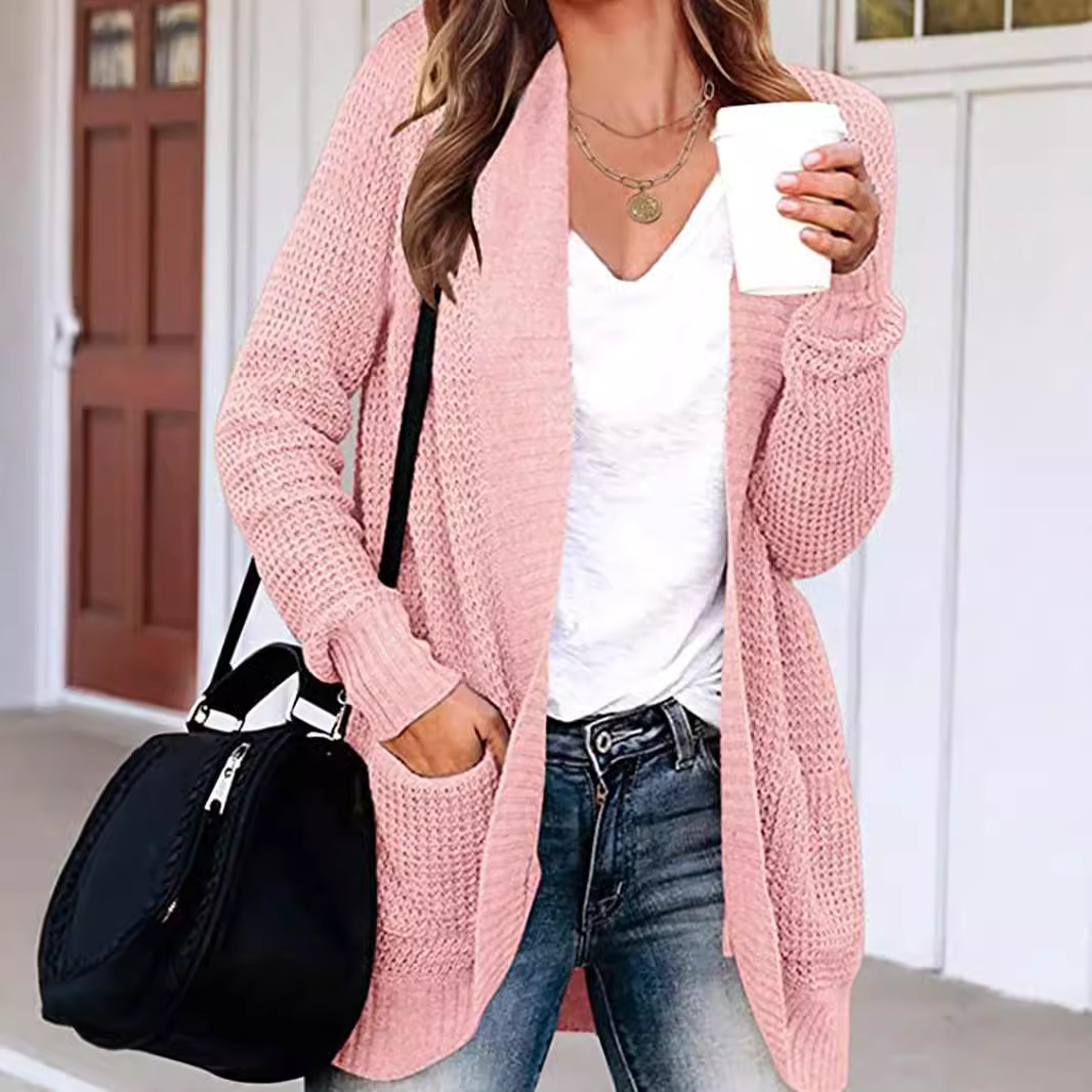 Womens Knit Waffle Cardigan Sweater Long Sleeve Open Front