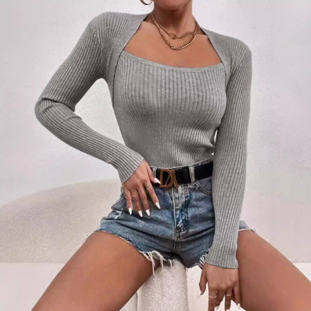Knitted Cropped Pullover Sweater Long Sleeve Solid Color SSU-00012