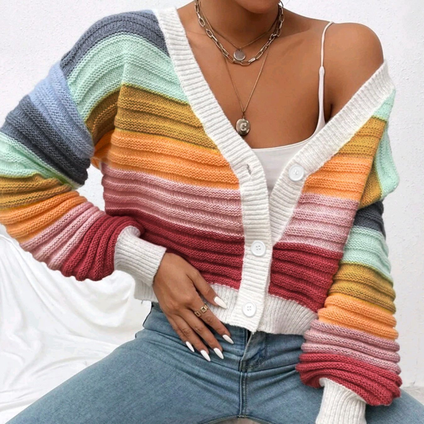 Cotton Striped Cardigan Cropped Knit Jacket Fall Winter