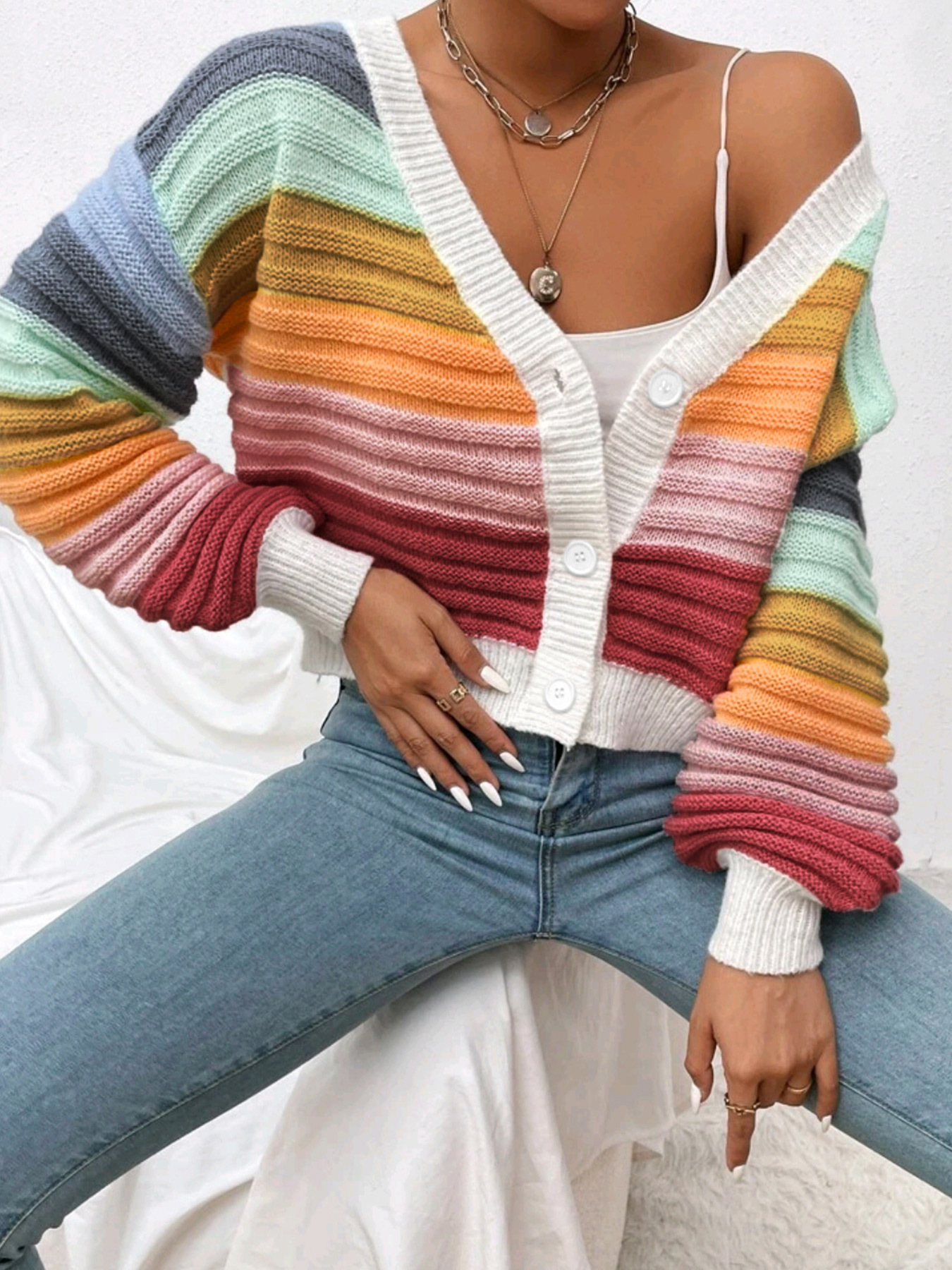 Cotton Striped Cardigan Cropped Knit Jacket Fall Winter