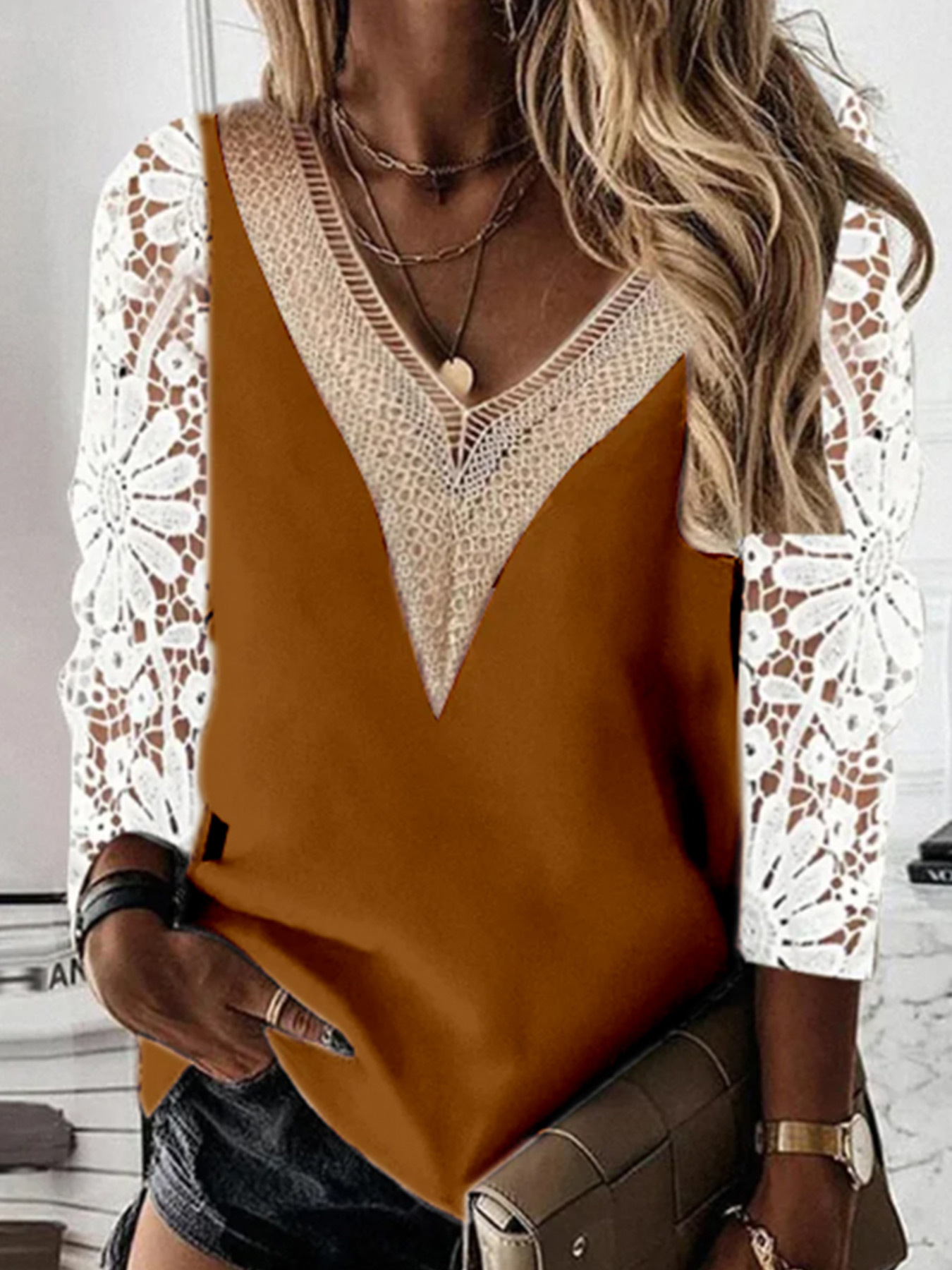 Lace Long Sleeve V Neck Knit Sweater Hollow Out Pullover SSU-00014