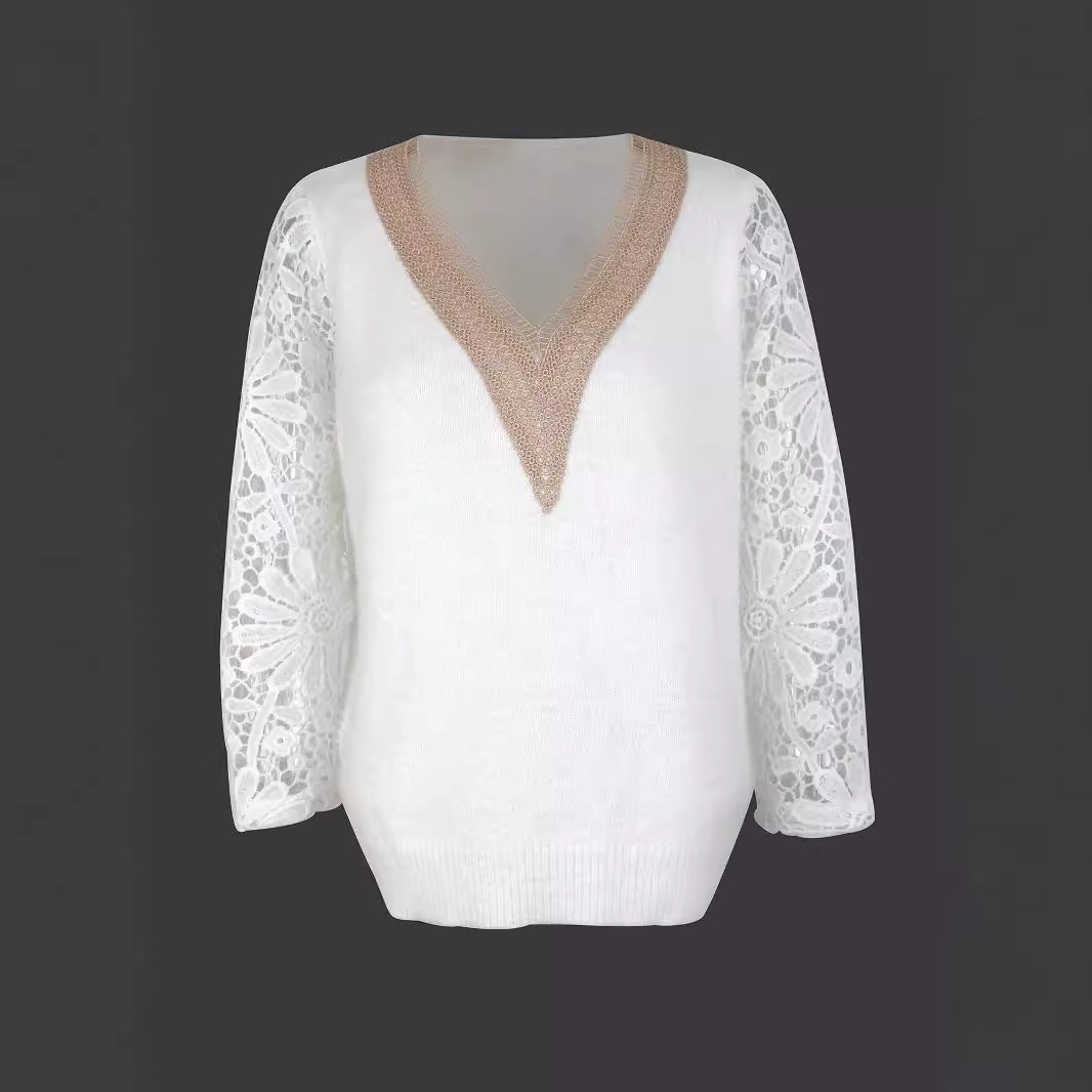 Lace Long Sleeve V Neck Knit Sweater Hollow Out Pullover SSU-00014