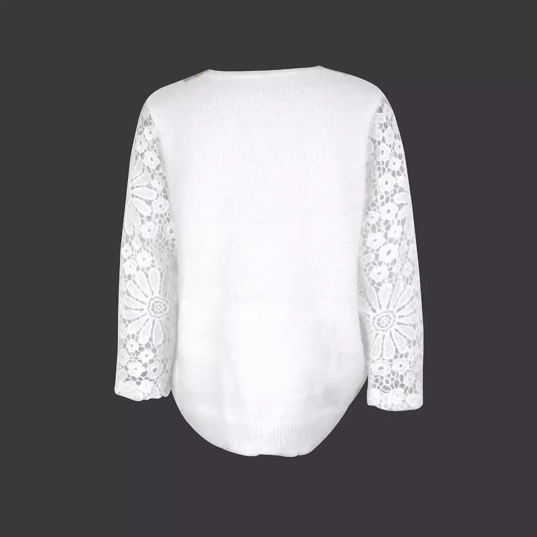 Lace Long Sleeve V Neck Knit Sweater Hollow Out Pullover SSU-00014