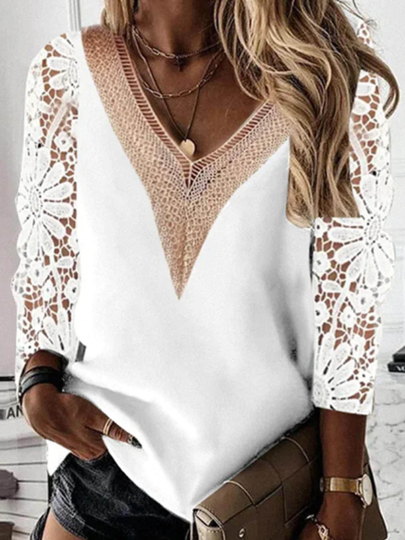 Lace Long Sleeve V Neck Knit Sweater Hollow Out Pullover SSU-00014