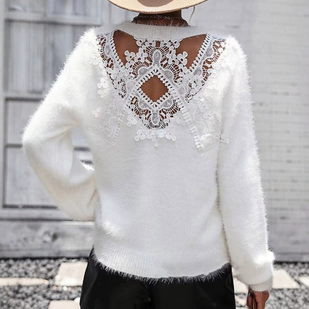 Lace Knit Pullover Top - Long Sleeve Crew Neck - Fall Winter SSU-00056