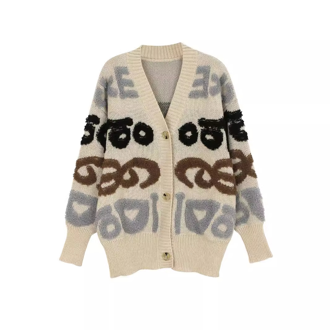 Knit Cardigan Duster - Letter Jacquard Open Front