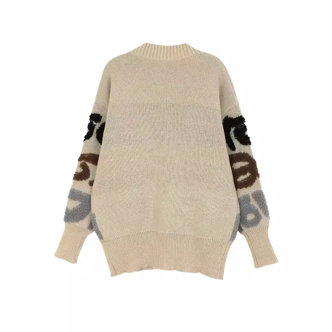 Knit Cardigan Duster - Letter Jacquard Open Front