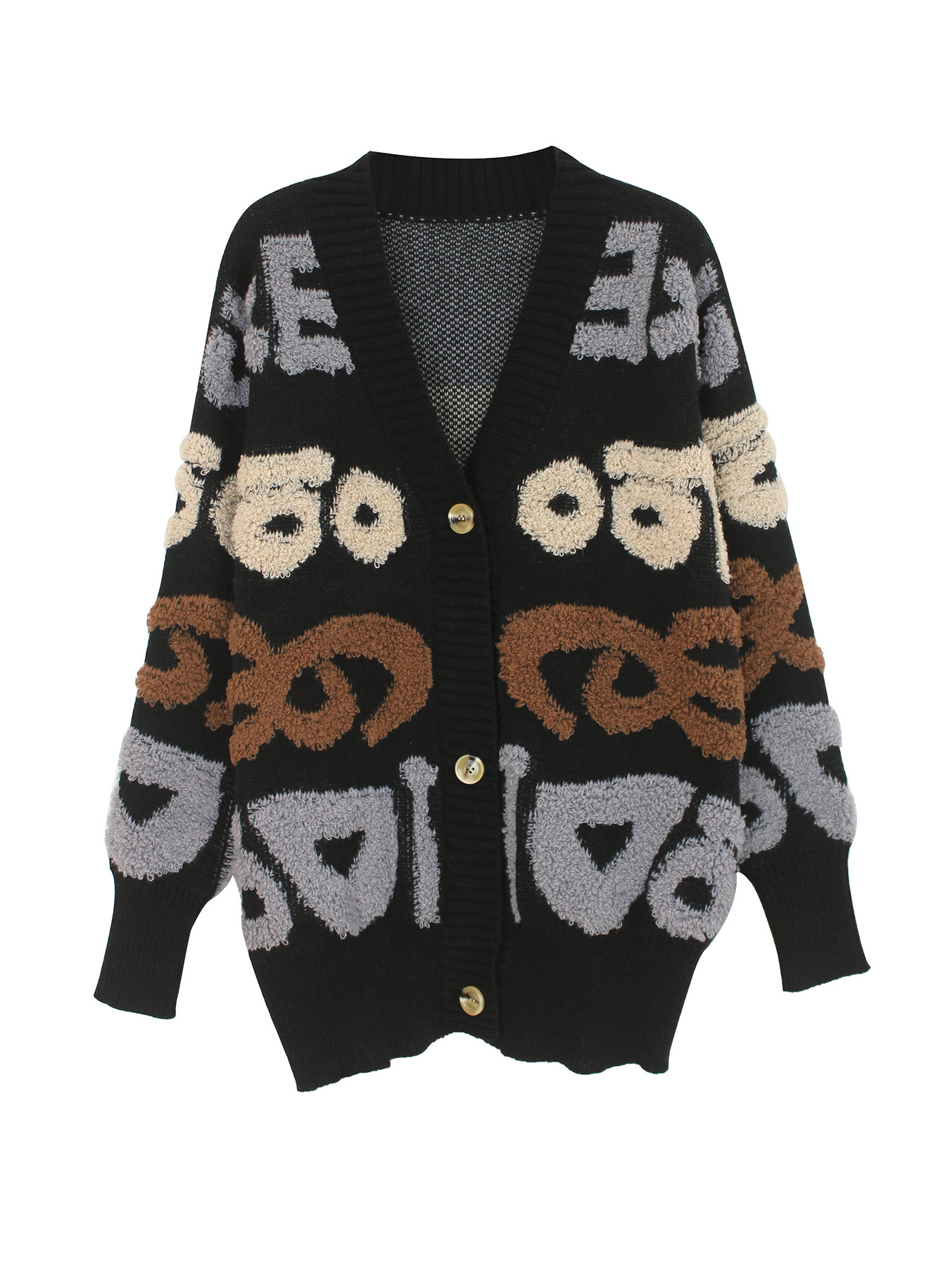 Knit Cardigan Duster - Letter Jacquard Open Front