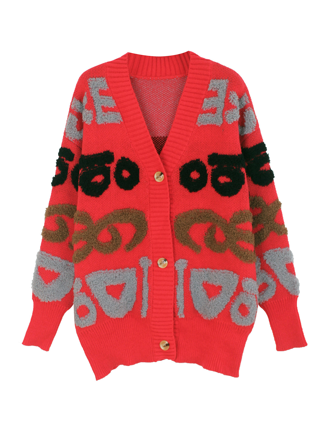 Knit Cardigan Duster - Letter Jacquard Open Front