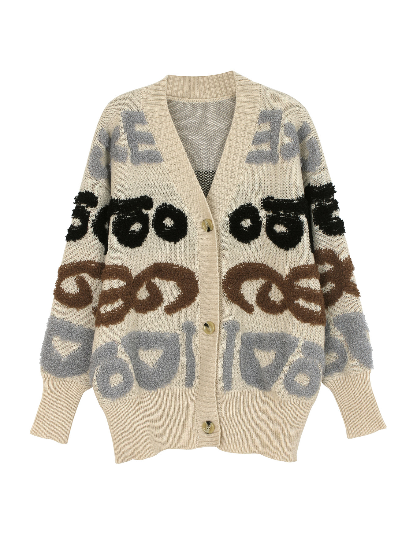 Knit Cardigan Duster - Letter Jacquard Open Front