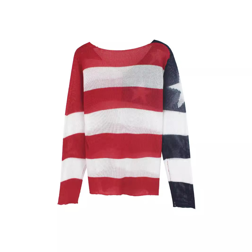 Knitted Sweater Women's American Flag Long Sleeve Hollow Out Top SSU-00113
