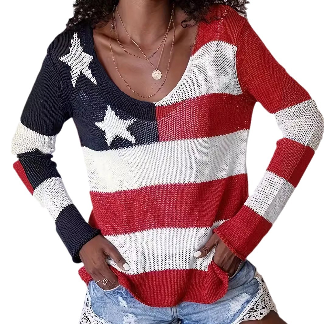 Knitted Sweater Women's American Flag Long Sleeve Hollow Out Top SSU-00113